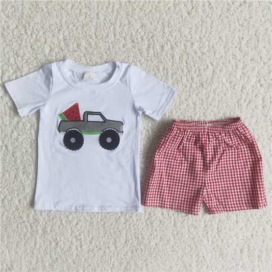 watermelon embroidery boys summer sets short sleeve shirt 2pcs