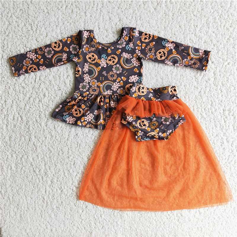 Halloween pumpkin mesh tutu girls outfits