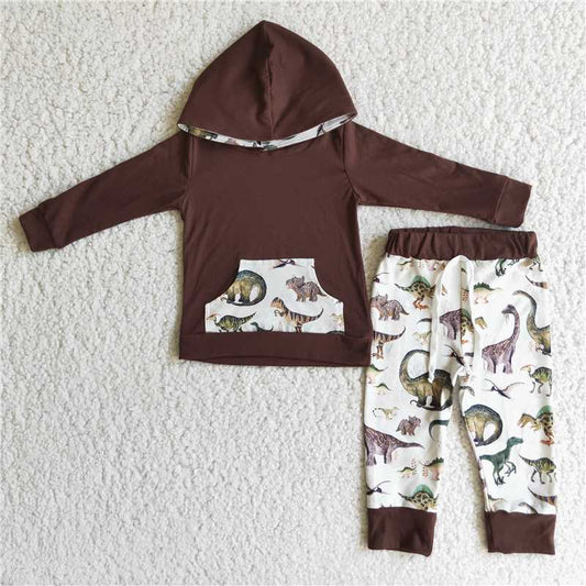 brown dinosaur boys winter hooded long sleeve top and long pants sets