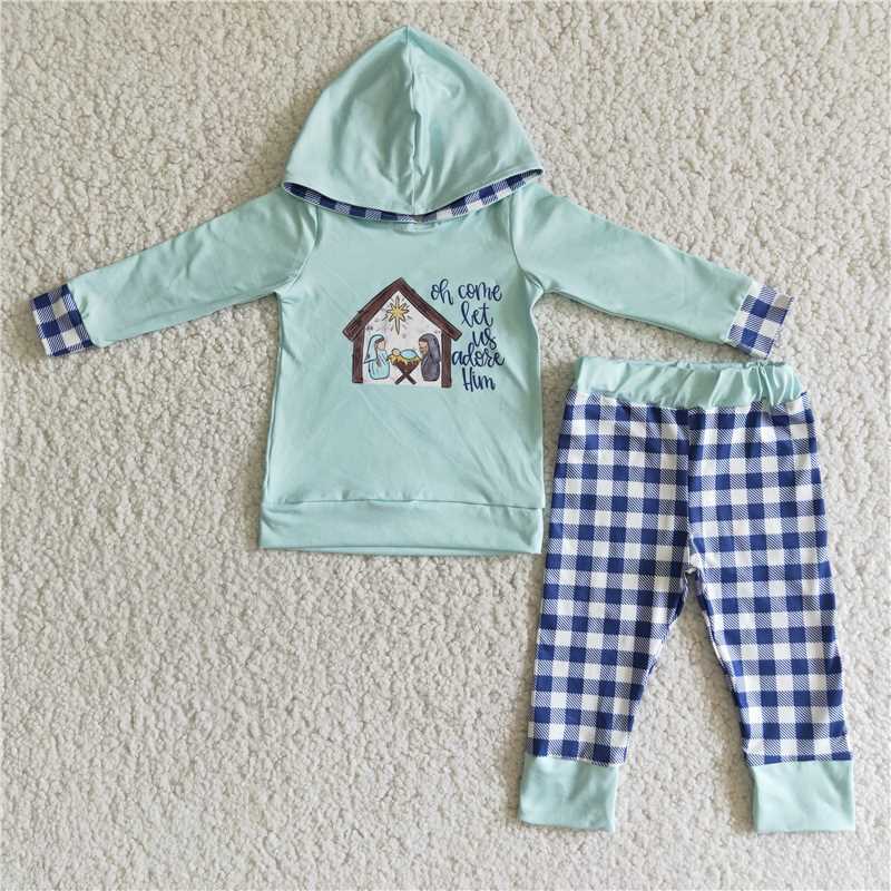 "oh come let us adose hun" boys fall winter hooded long sleeve top and long pants set