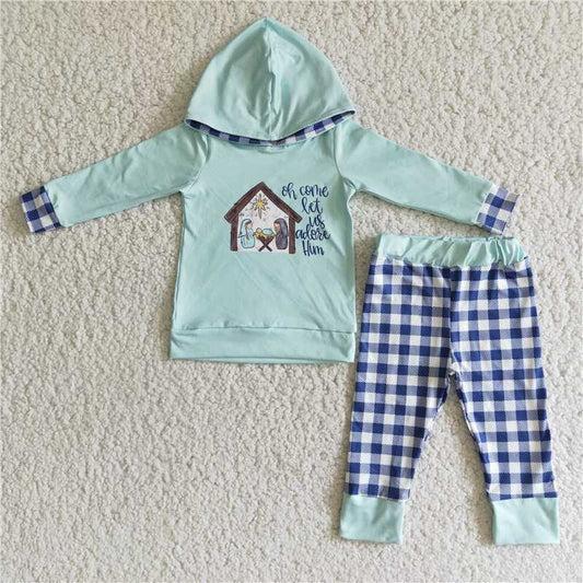 "oh come let us adose hun" boys fall winter hooded long sleeve top and long pants set