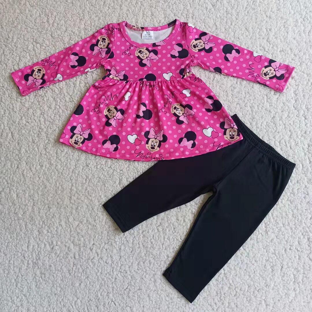 cartoon top black pants 2 pieces girl sets kids clothes