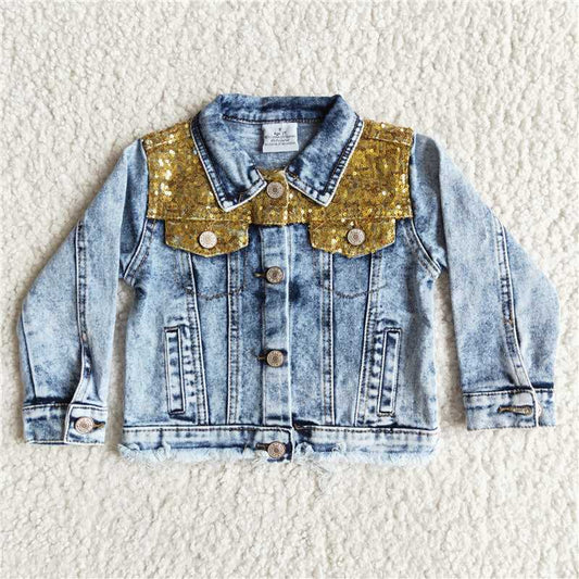 denim button coats girls jacket blue long sleeve sequins