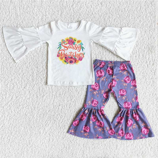 sassy shirt and bell pants 2 pieces girls outfits kids clothes