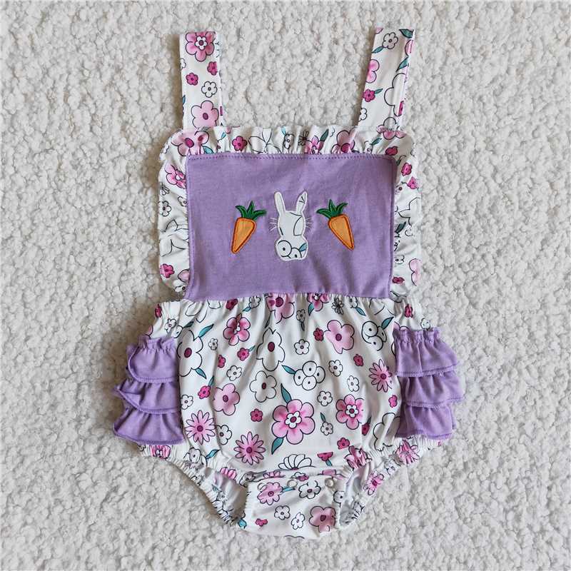 Embroidered Carrots bunny romper rabbit girls easter jumpsuit