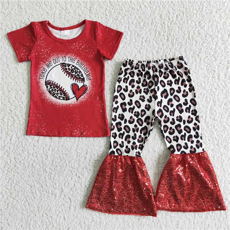 baseball love shirt cow sequins bell pants girls sets kids clothe