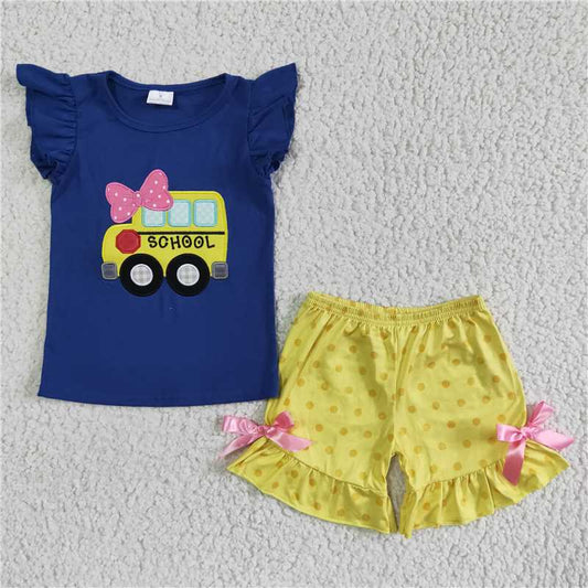 back to school girl sets embroidery school bus suit