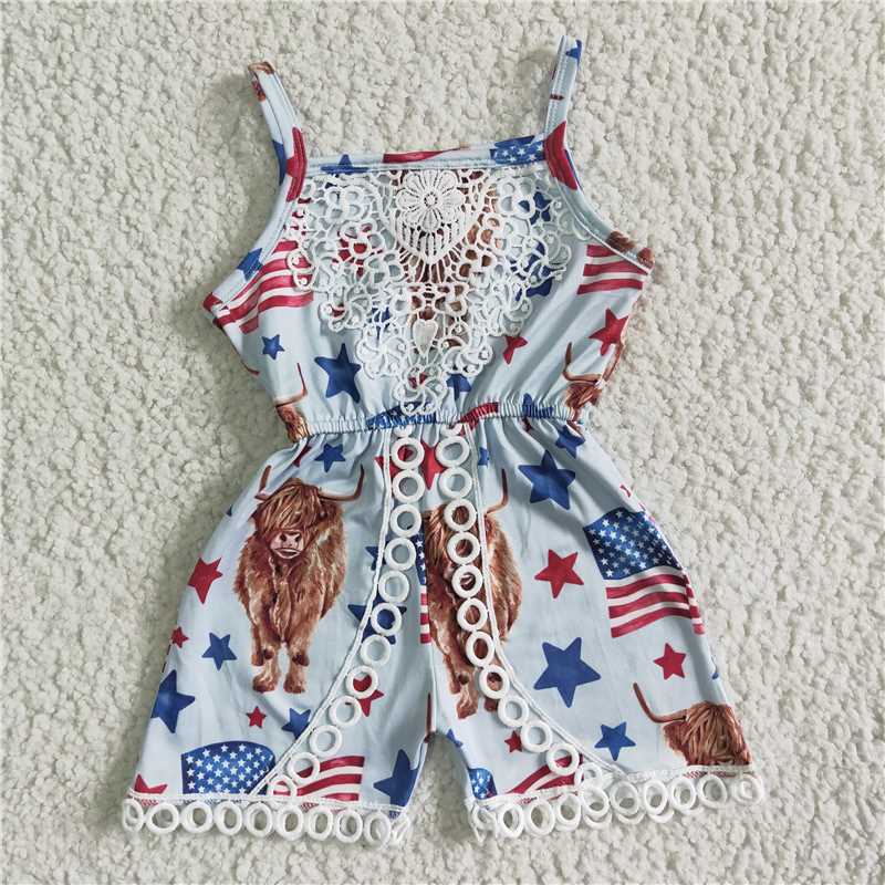 july 4th red blue white highland cow lace girls jumpsuits kids romper