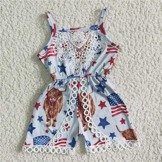 july 4th red blue white highland cow lace girls jumpsuits kids romper