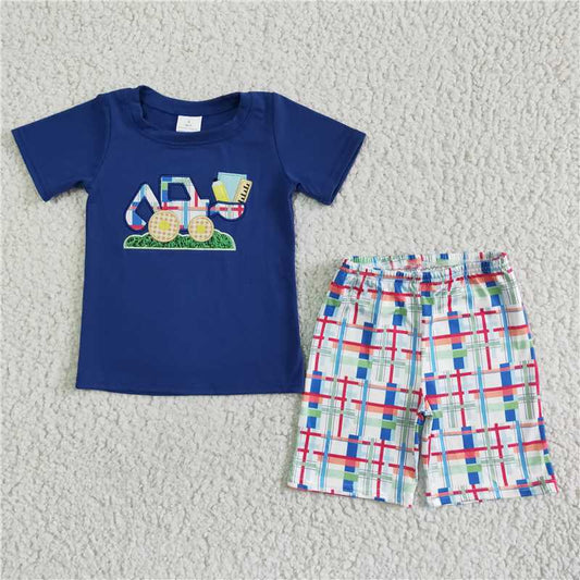 tractor truck embroidery summer sets short sleeve shirt and shorts 2 pieces suit