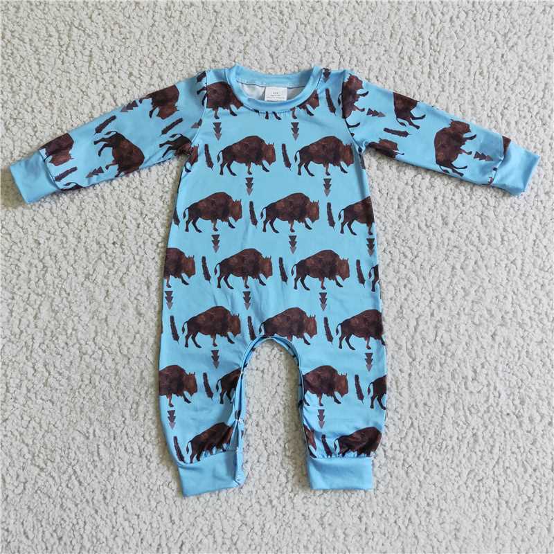 blue cow long sleeve fall boys rompers with hidden button