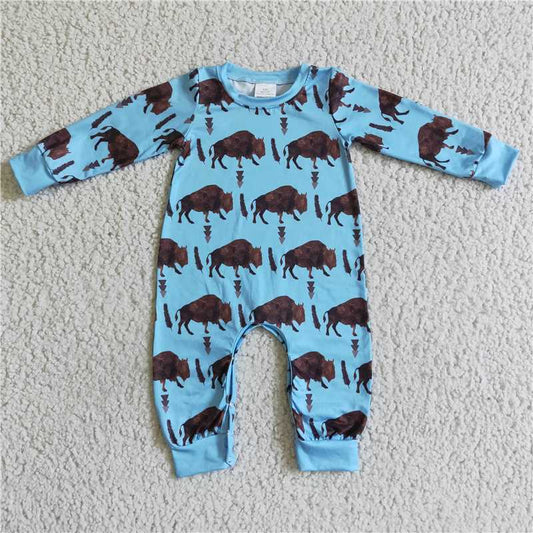 blue cow long sleeve fall boys rompers with hidden button