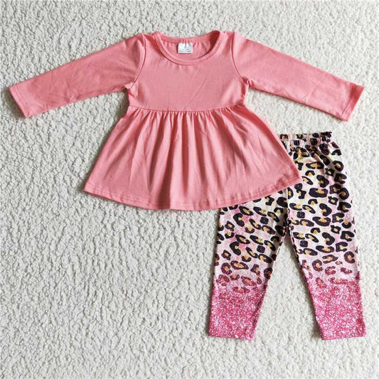 pink cotton long sleeve top and Leopard pants girls outfits