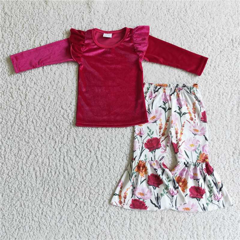 velvet top flower bell pants 2 pieces girl sets kids clothes