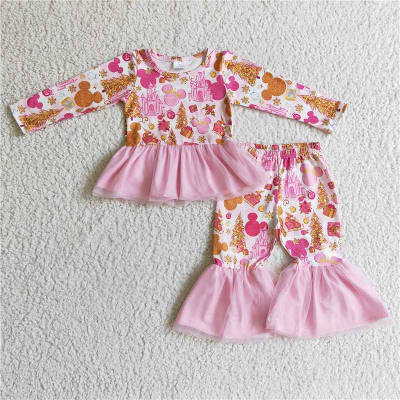 cartoon castle top yarn bell pants 2 pieces girl sets kids clothes