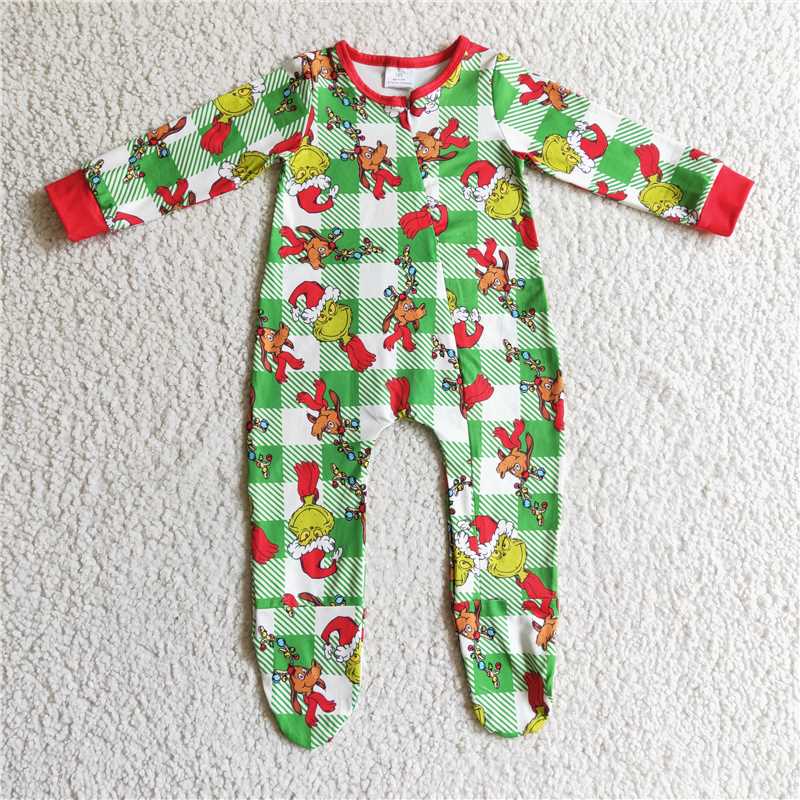 green Zip grinch Jumpsuit with Feet Long Sleeve christmas romper