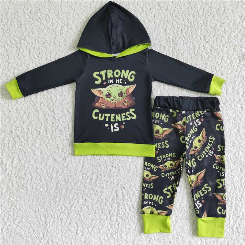 "strong in me cuteness is" boys fall winter hooded long sleeve top and long pants set