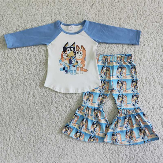 blue dog shirt and bell pants 2 pieces girls outfits kids clothes