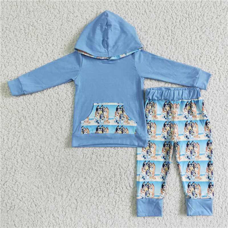 blue dogs boys fall winter hooded long sleeve top and long pants set