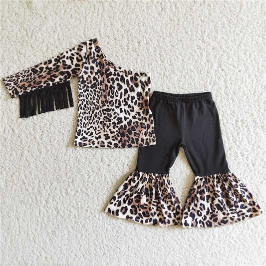 tassel leopard shirt and bell pants 2 pieces girls outfits kids clothes