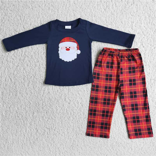 boys Christmas pajamas suit long sleeve Embroidery Santa top & red Plaid pants 2 pieces outfits winter sets