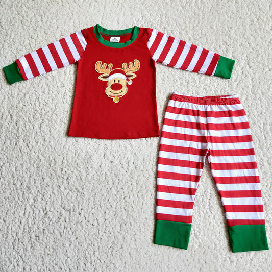 deer red Christmas pajamas suit girls long sleeve stripe pants 2 pieces outfits winter sets