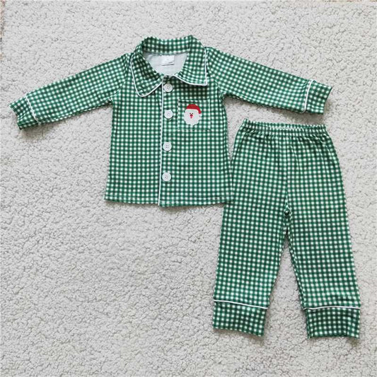 boys Christmas pajamas suit Green Plaid Santa winter sets