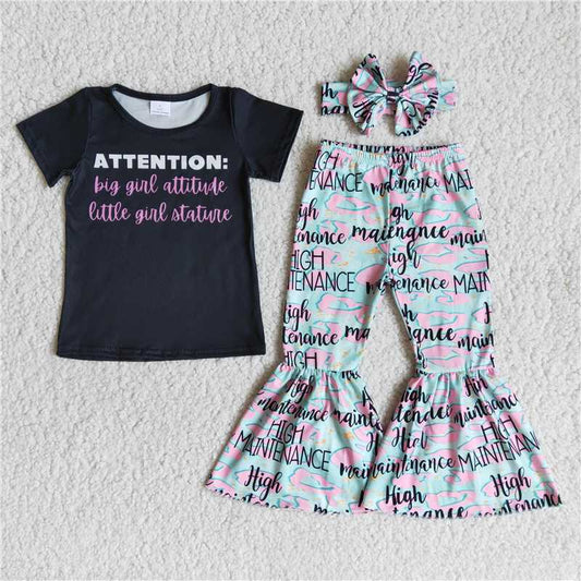 attention shirt bell pants girls sets kids clothes with bows