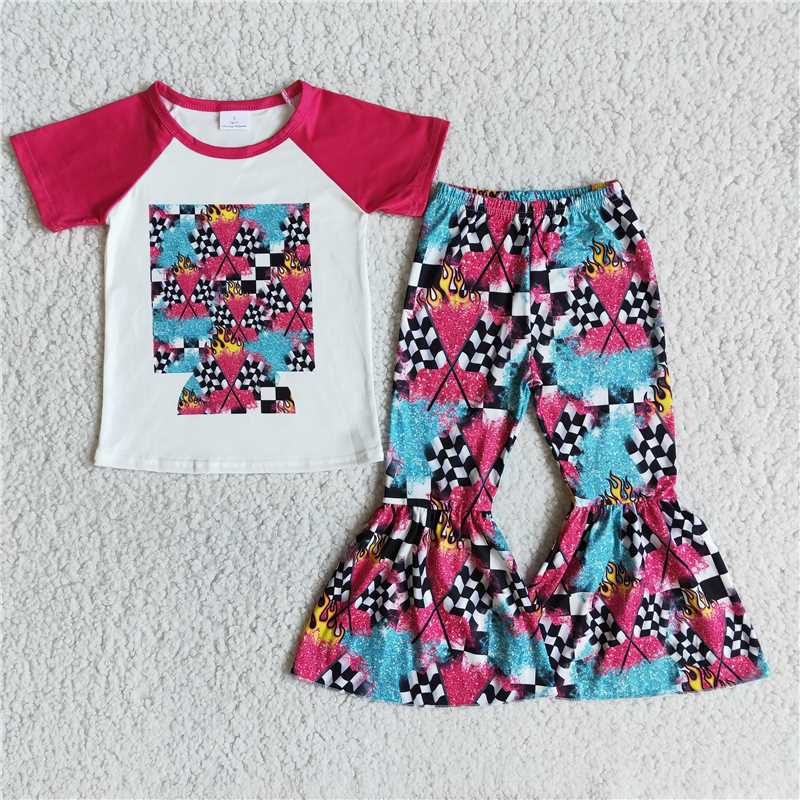 racing flag shirt bell pants girls sets kids clothes