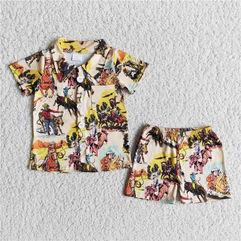 Cowboy pajamas summer sets short sleeve shirt and shorts 2 pieces suit