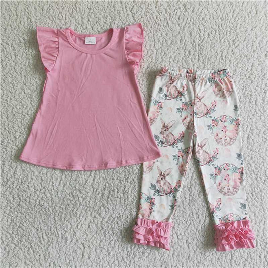 pink cotton top & bunny pants outfits easter girls sets