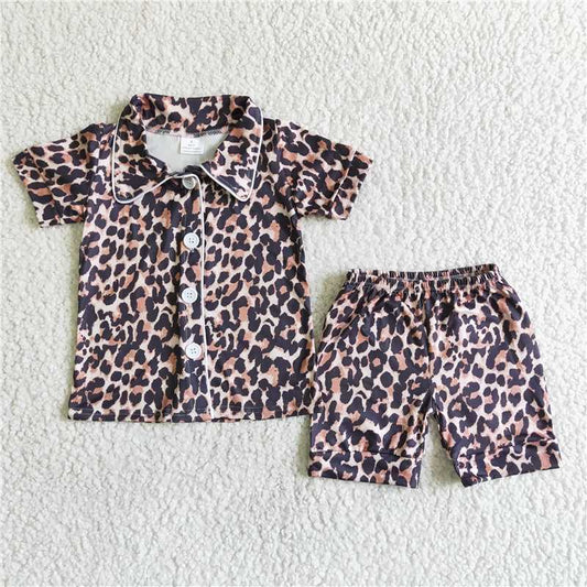 leopard print pajamas summer sets short sleeve shirt and shorts 2 pieces suit