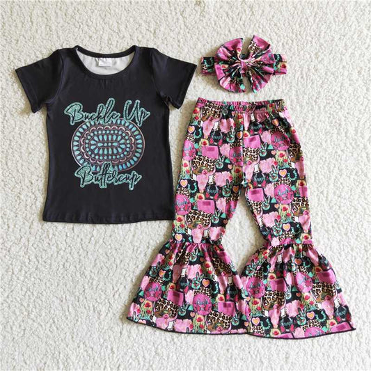 western shirt bell pants girls sets kids clothes with bows