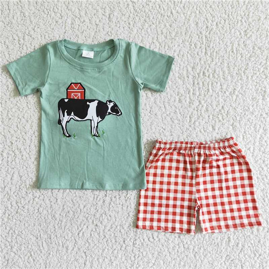 Cow Embroidery summer sets short sleeve shirt and shorts 2 pieces suit