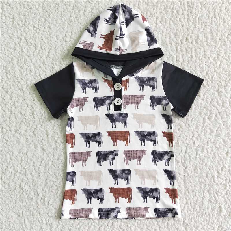 cow cattle boys short sleeve hooded shirt pullover