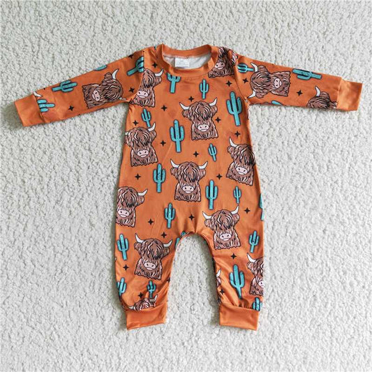 Highland Cow Cactus long sleeve fall boys rompers with hidden button