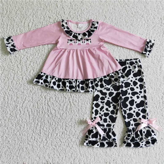 pink cow long sleeve dress and pants girls outfits