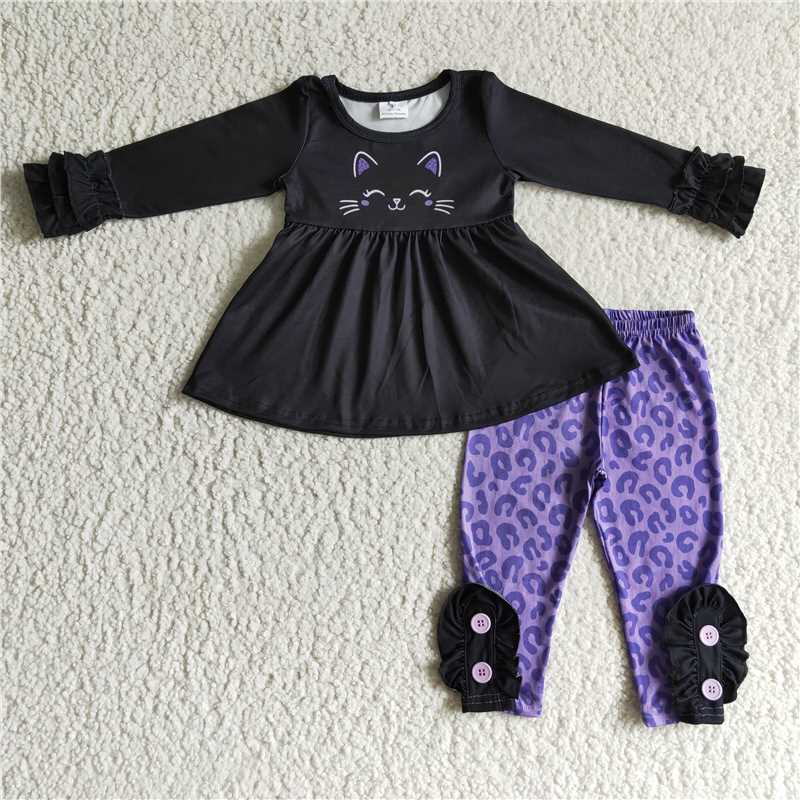 cat black long sleeve dress and pants girls outfits