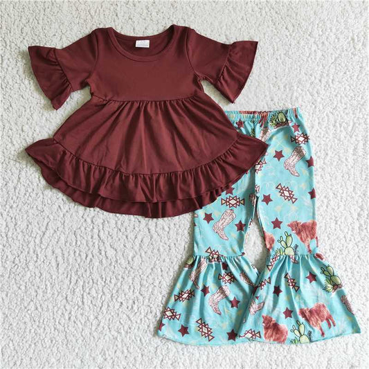 Western cotton top bell 2 pieces girl sets kids clothes