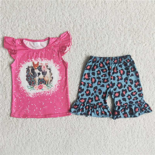 cow girls summer pink shirt sets 2 pieces shorts outfits