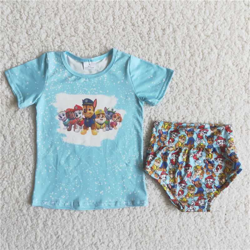 carton dogs Girls baby bummies sets summer blue shirt