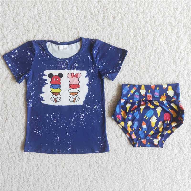 carton popsicle Girls baby bummies sets summer blue shirt