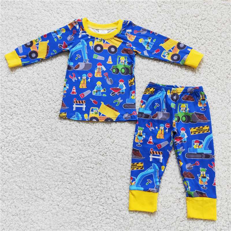 construction tractor fall pajamas suit boys blue long sleeve pants 2 pieces outfits winter sets