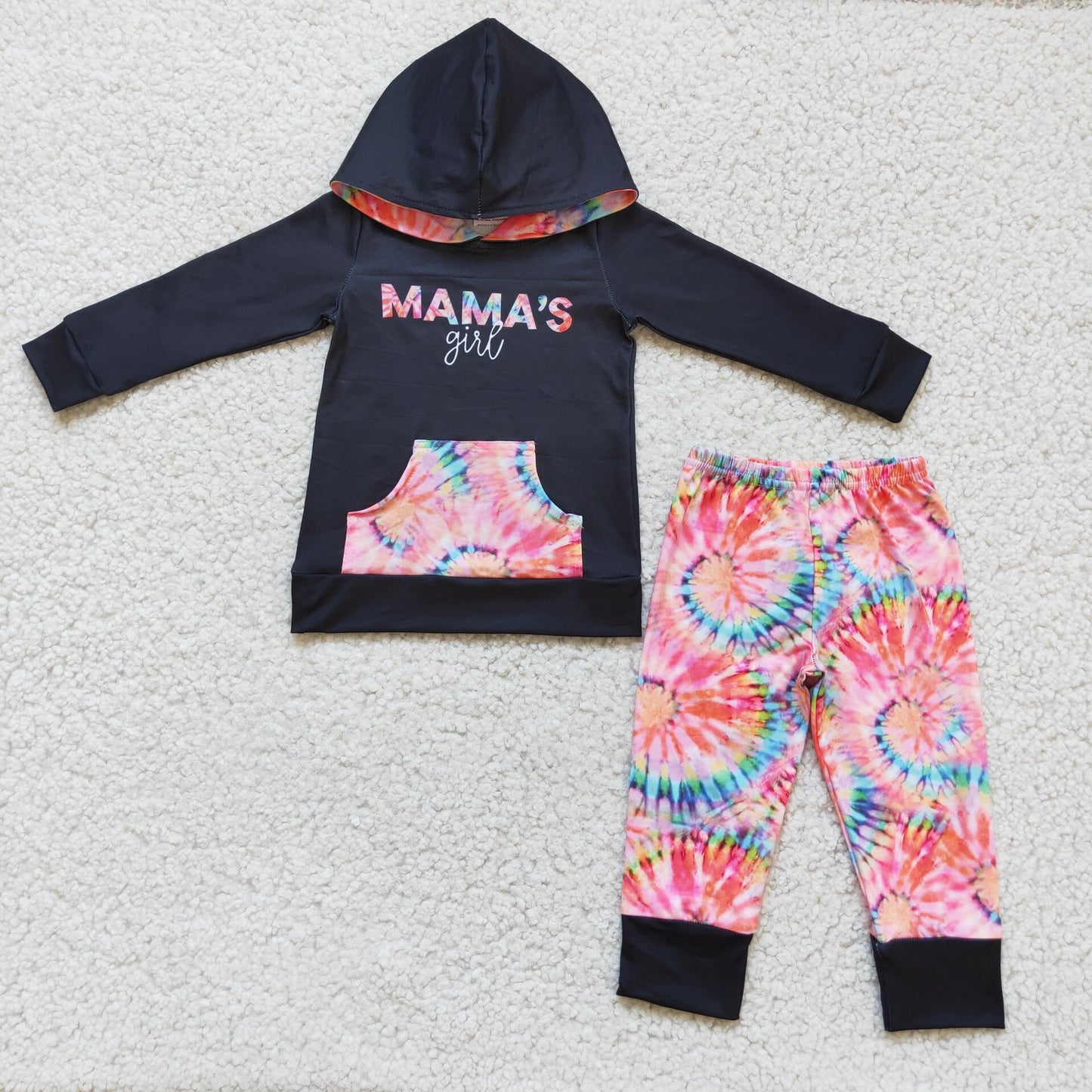 “mama's girl”pink tie dye girls winter hooded long sleeve top and long pants sets