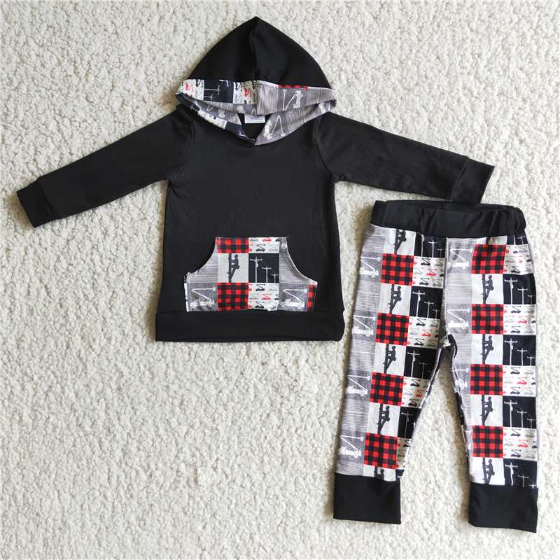 black boys winter hooded long sleeve top and long pants sets