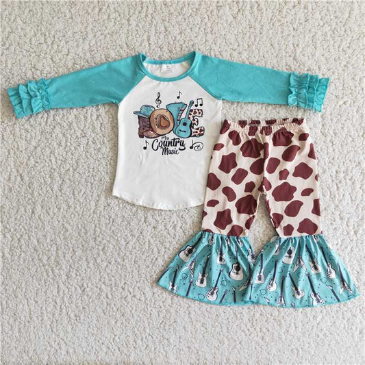 Guitar shirt and leopard bell pants 2 pieces girls outfits kids clothes