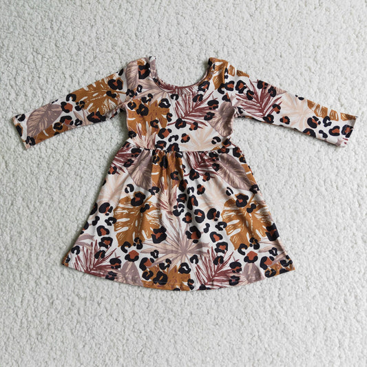 Leaves leopard dress long sleeve girls skirt kids clothes