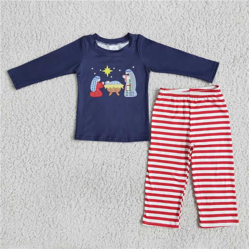 jesus pajamas suit boys navy long sleeve top red stripe pants 2 pieces outfits winter sets