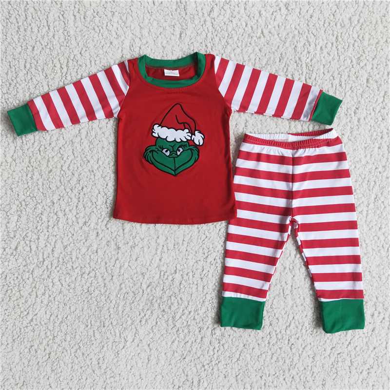 embroidery boys Christmas pajamas grinch pants 2 pieces outfits winter sets