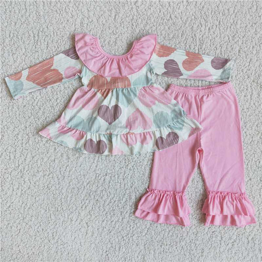 love heart long sleeve dress and pants girls outfits Valentine's Day sets